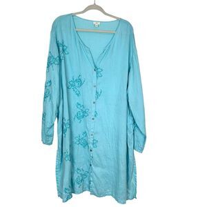 J. Jill Tunic Blouse Dress Sz 4X Blue Linen Embroidered Button Front Long Sleeve